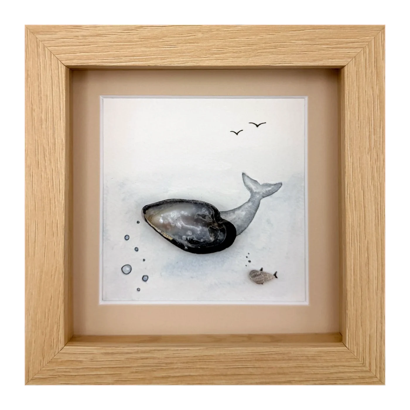 Mussel shell whale with a small fish