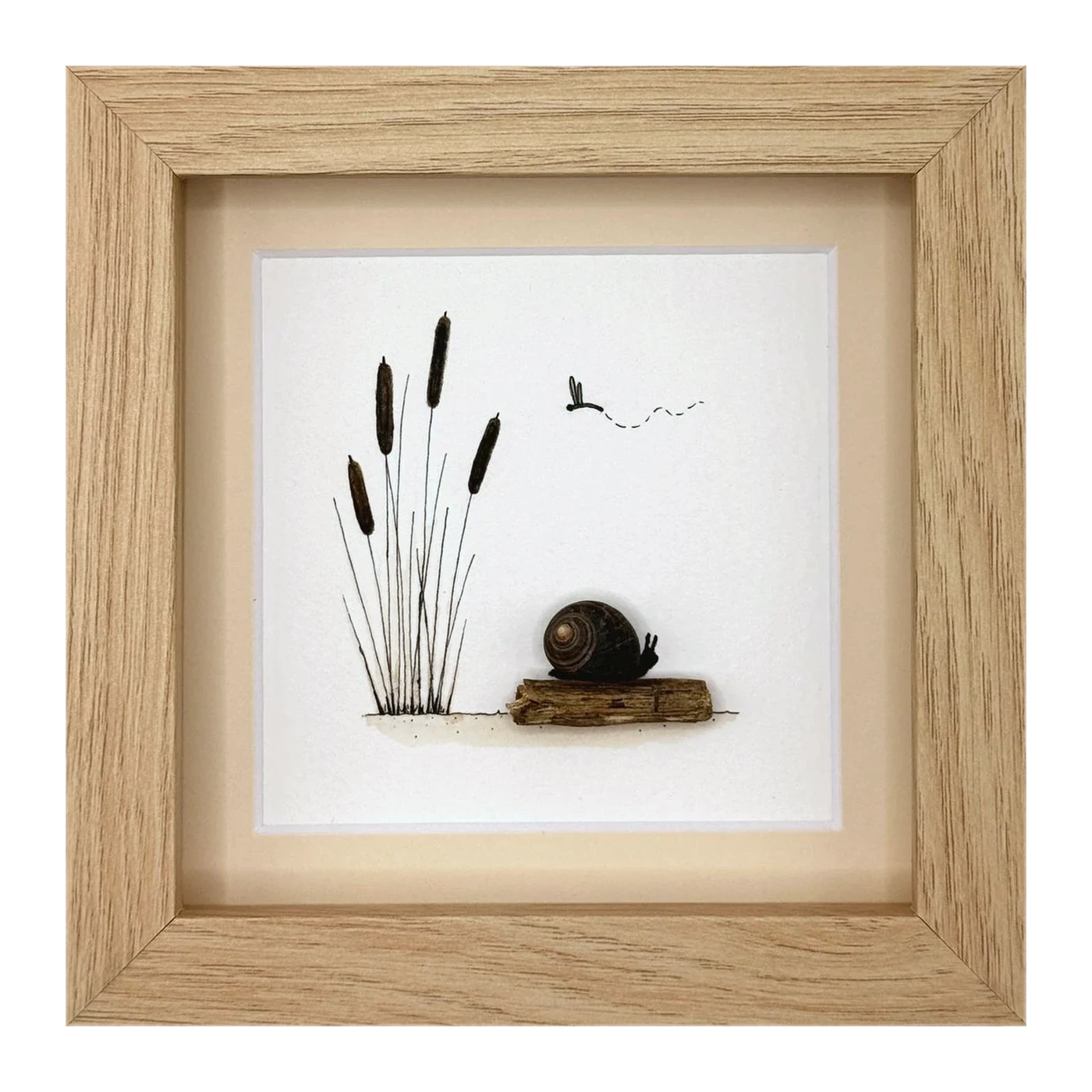 Shell snail on a driftwood log beside cattails